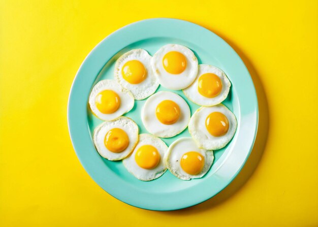 Photo vibrant topdown shots of sunny side up eggs arranged on teal plates against bold yellow background