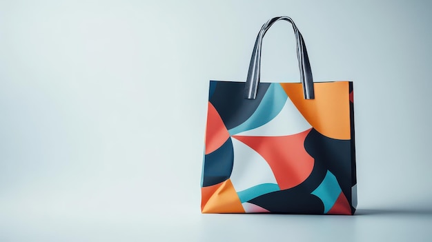 Photo vibrant tote bag featuring abstract patterns displayed against a minimalist background