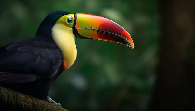 Vibrant toucan perching on green branch in tropical rainforest generated by artificial intelligence