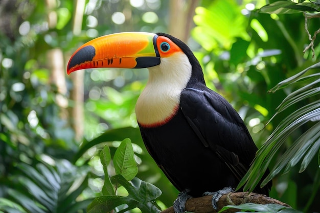 Photo a vibrant toucan with a large orange beak perched on a branch