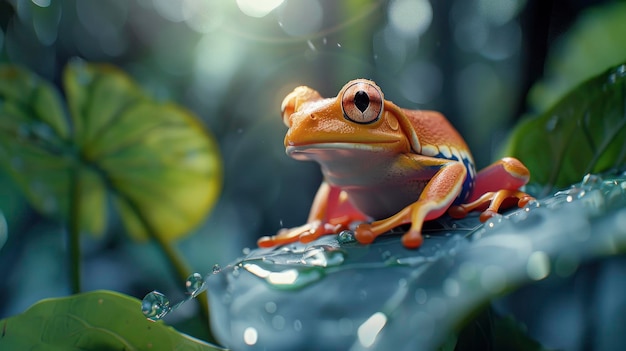 A vibrant tree frog resting on a leaf in the jungle Hd Background