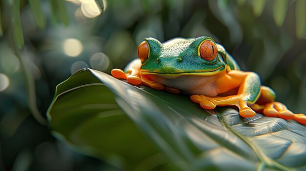 A vibrant tree frog resting on a leaf in the jungle Hd Background