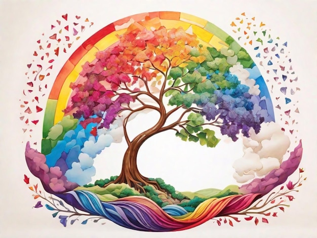 A vibrant tree stands tall beneath a radiant rainbow in the sky