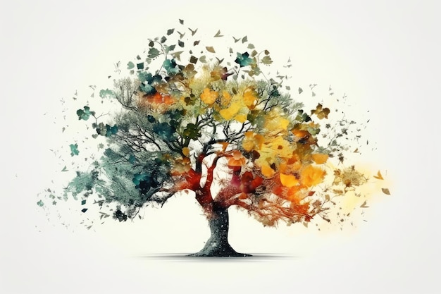 Vibrant tree surrounded by fluttering butterflies Generative AI