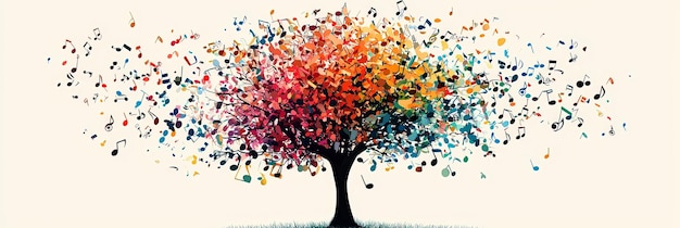 Vibrant tree transforming into colorful musical notes