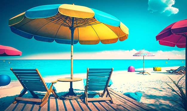 A vibrant tropical beach with beach chairs umbrellas and other sunbathing accessories set blue sea and sky the perfect summer holiday getaway