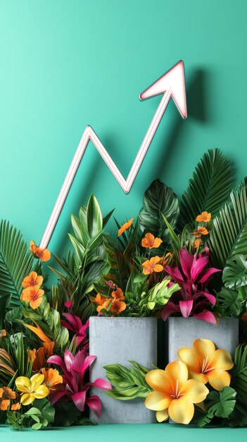 Photo vibrant tropical blooms in various shades surround concrete planters with a white arrow graph pointing upward against a teal background representing growth and potential