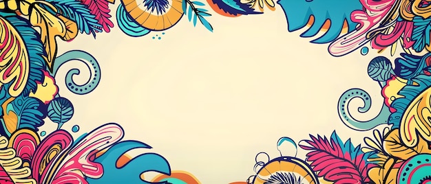 Vibrant Tropical Doodle Border Design with Blank Center Space for Message or Mockup Background