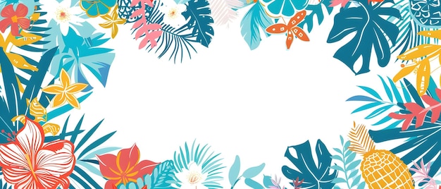 Vibrant Tropical Doodle Print Border with Blank Center for Summer Background