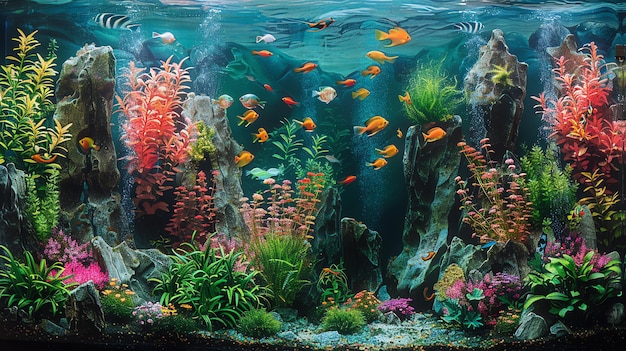 Vibrant Tropical Fish Tank with Colorful Plants and Rocks