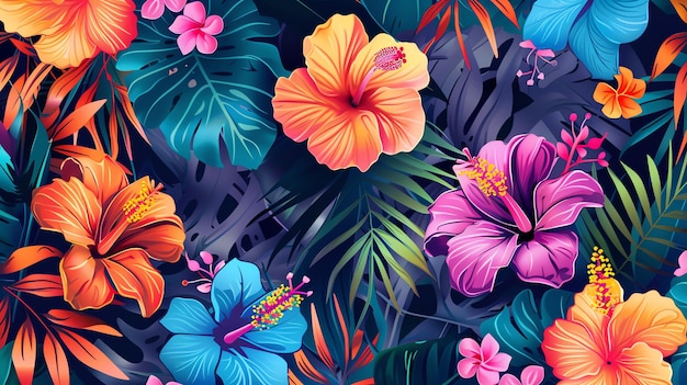 A vibrant tropical floral pattern with lush green leaves and colorful hibiscus flowers