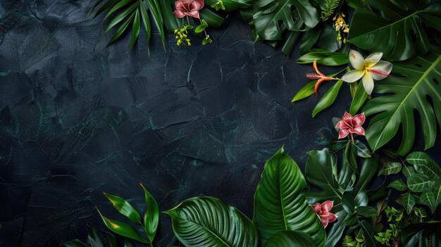 Vibrant tropical flowers and leaves contrast against a dark blue background aig