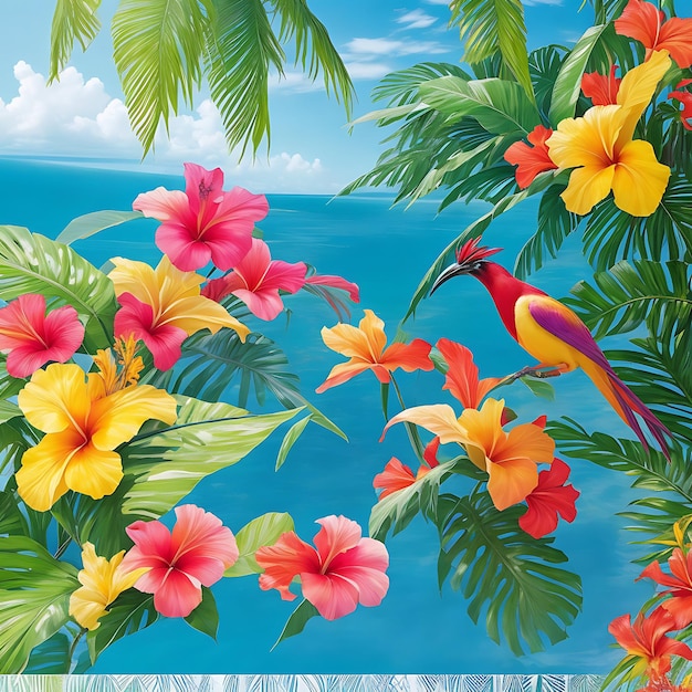 Vibrant tropical flowers like hibiscus plumeria and bird of paradise set against a backdrop