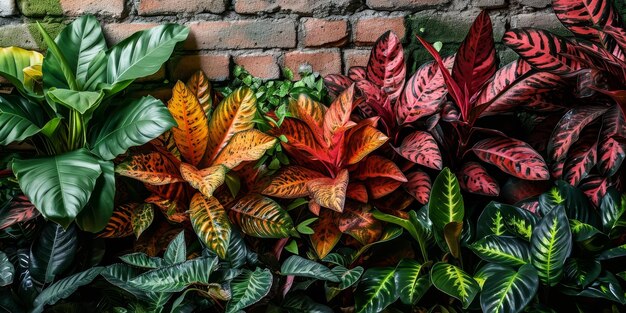 Vibrant tropical foliage against brick wall