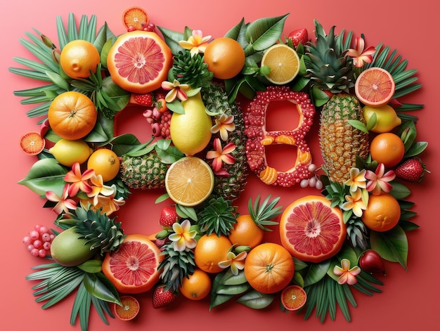 Photo vibrant tropical fruit arrangement on coral background