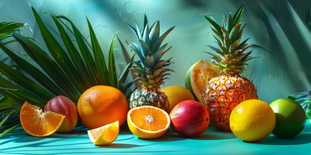 Vibrant Tropical Fruit Assortment Against Blue Background in Natural Light