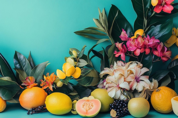 Photo vibrant tropical fruit and floral arrangement featuring exotic fruits and lush greenery a colorful