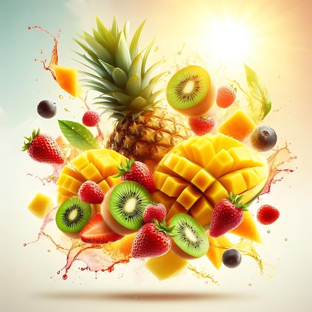 A vibrant tropical fruit salad with slices of pineapple mango kiwi and strawberries floating