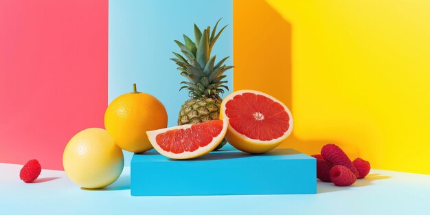 Photo vibrant tropical fruits on colorful geometric background for modern stock photography