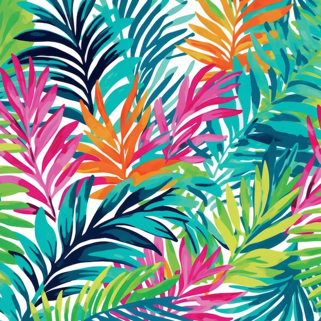 Vibrant Tropical Grassland Pattern With Colorful Palm Leaves