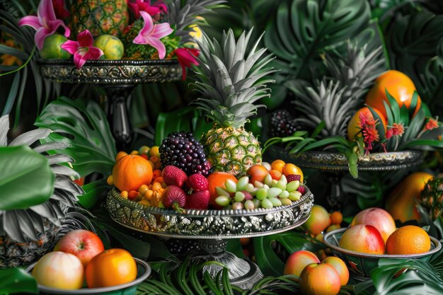 Photo vibrant tropical jungle table scene with lush greenery and fruits