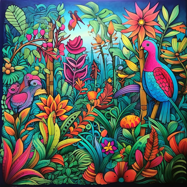 Vibrant tropical jungle with colorful birds flowers and lush greenery