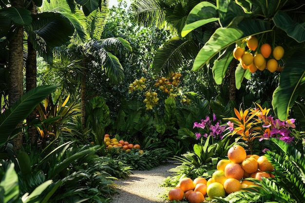 Photo a vibrant tropical paradise filled with exotic fruits and lush greenery