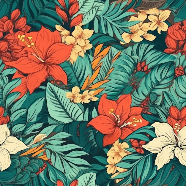 Vibrant Tropical Plants and Flowers Seamless Pattern