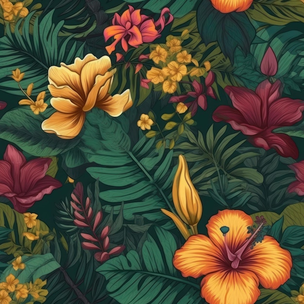 Vibrant Tropical Plants and Flowers Seamless Pattern