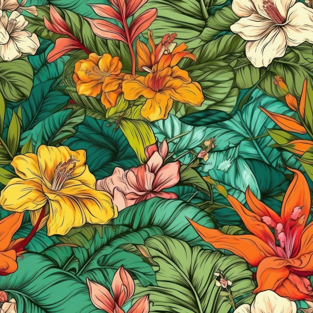 Vibrant Tropical Plants and Flowers Seamless Pattern