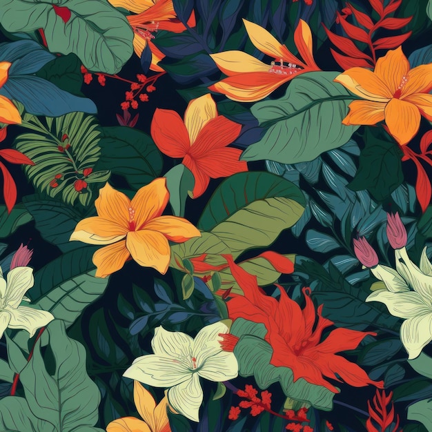 Vibrant Tropical Plants and Flowers Seamless Pattern