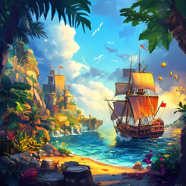 A vibrant tropical scene featuring a sailing ship near a lush coastline and rocky cliffs