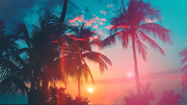 Vibrant tropical sunset with silhouette palm trees and colorful sky offering a seren