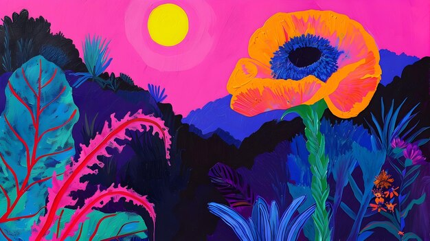 Photo vibrant tropical surreal landscape with colorful flowers and silhouette at sunset