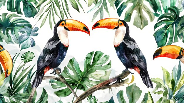 Vibrant Tropical Toucans Perched on Lush Tree Branches with Delicate Watercolor Textures