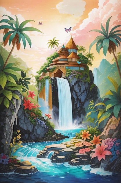 A vibrant tropical waterfall cascading down lush green cliffs surrounded by tropical plants