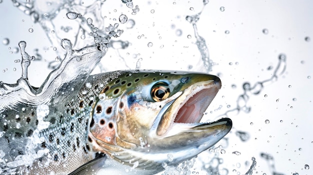 Photo a vibrant trout bursts from the water mouth open wide sending droplets flying in an elegant display of natures beauty