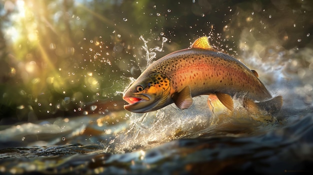 Vibrant trout leaping out of the water