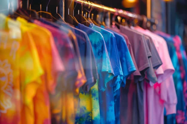 Vibrant Tshirts on street market rack with abstract blurred background