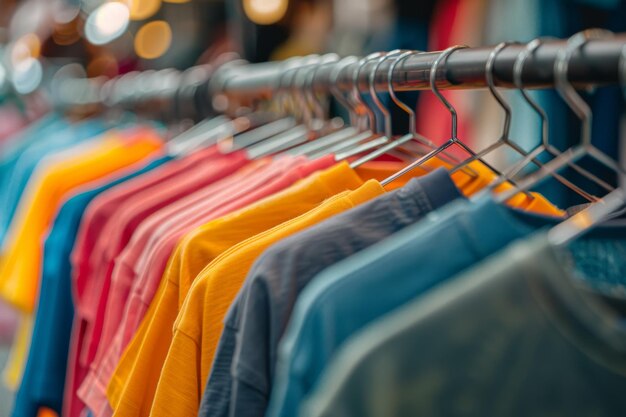 Vibrant Tshirts on street market rack with abstract blurred background