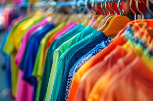 Vibrant Tshirts on street market rack with abstract blurred background