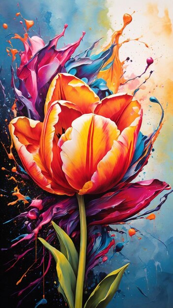 A vibrant Tulip Flower abstract with colorful splashes