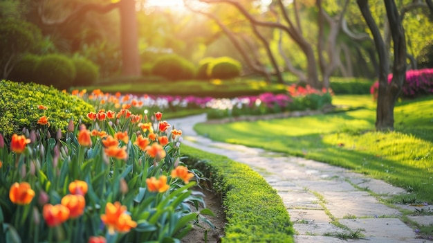 Vibrant tulip flowers lining sunlit park pathway