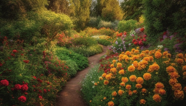 Vibrant tulips bloom in tranquil autumn meadow generated by AI