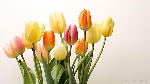 Vibrant tulips photo realistic illustration Generative AI Colorful flower tulips stem leaves