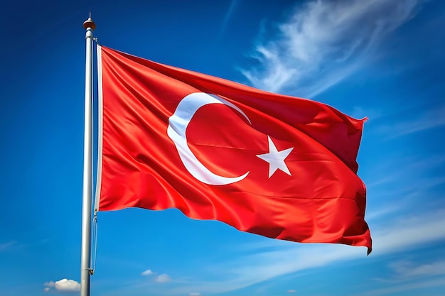 A vibrant Turkish flag waving against a clear blue sky