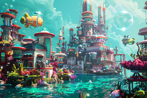 Photo vibrant underwater city with animated sea creatures and colorful buildings