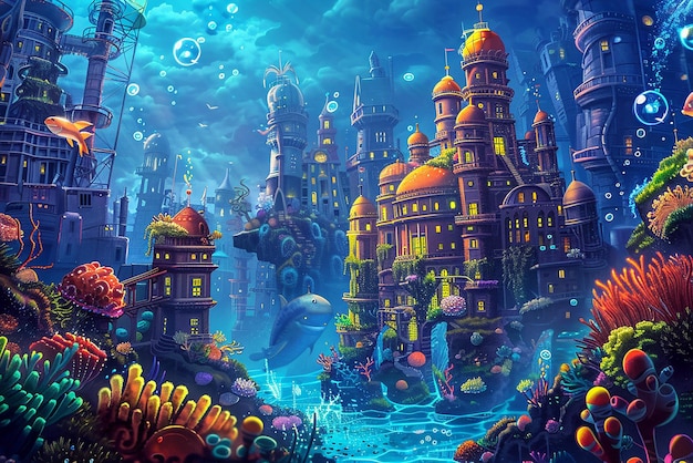 Photo vibrant underwater city with animated sea creatures and colorful buildings