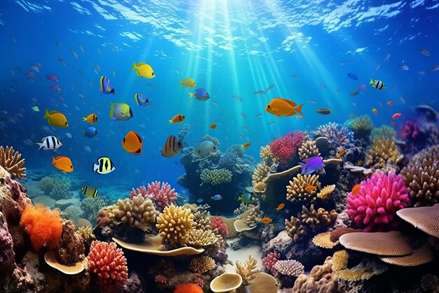 Vibrant Underwater Coral Reef Panorama Generative AI