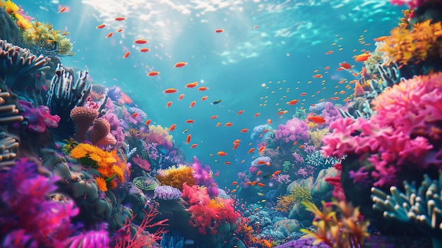 Vibrant underwater coral reef scene colorful marine life 3D